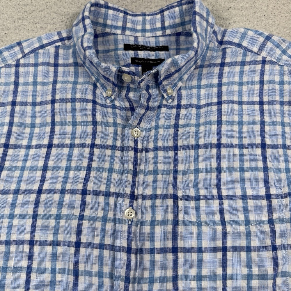 Banana Republic‎ Shirt Men's Large Camden Standard Fit 100% Linen Blue Plaid